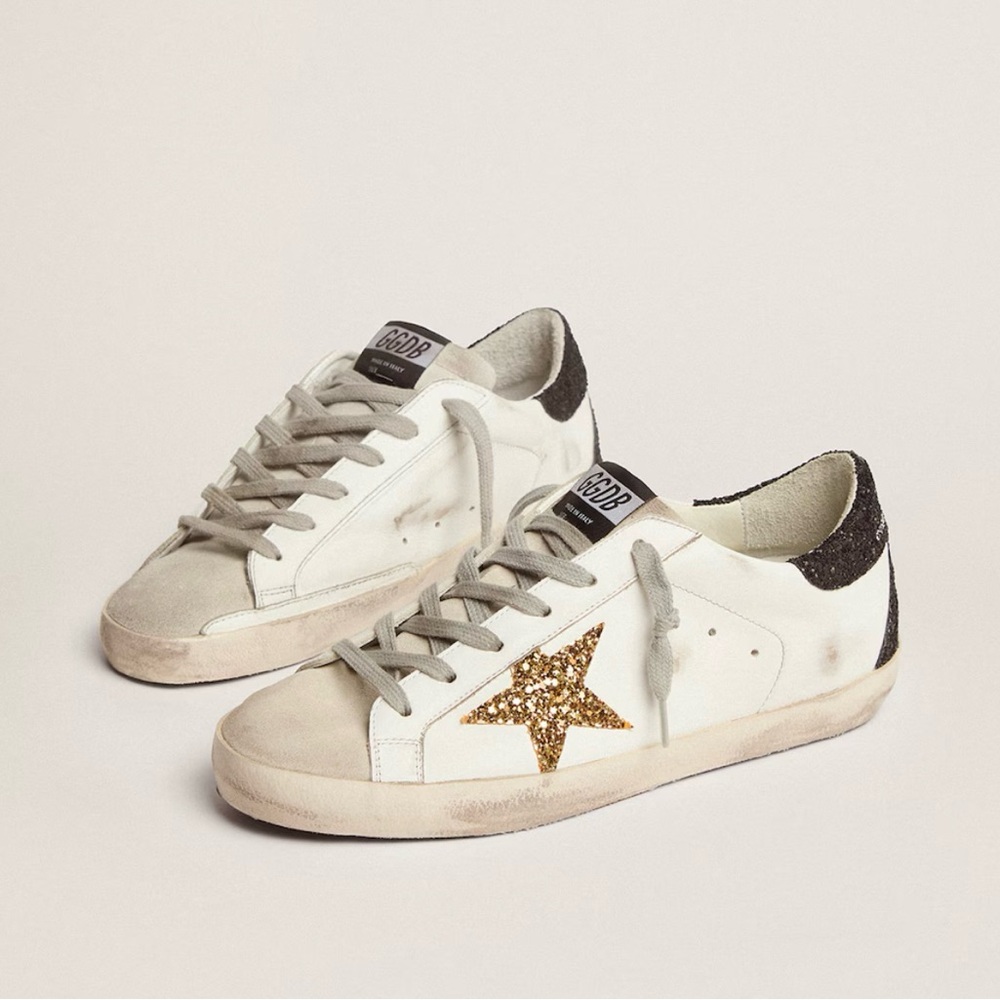 Golden Goose Super-Star sneakers with gold star and glittery black heel tab
